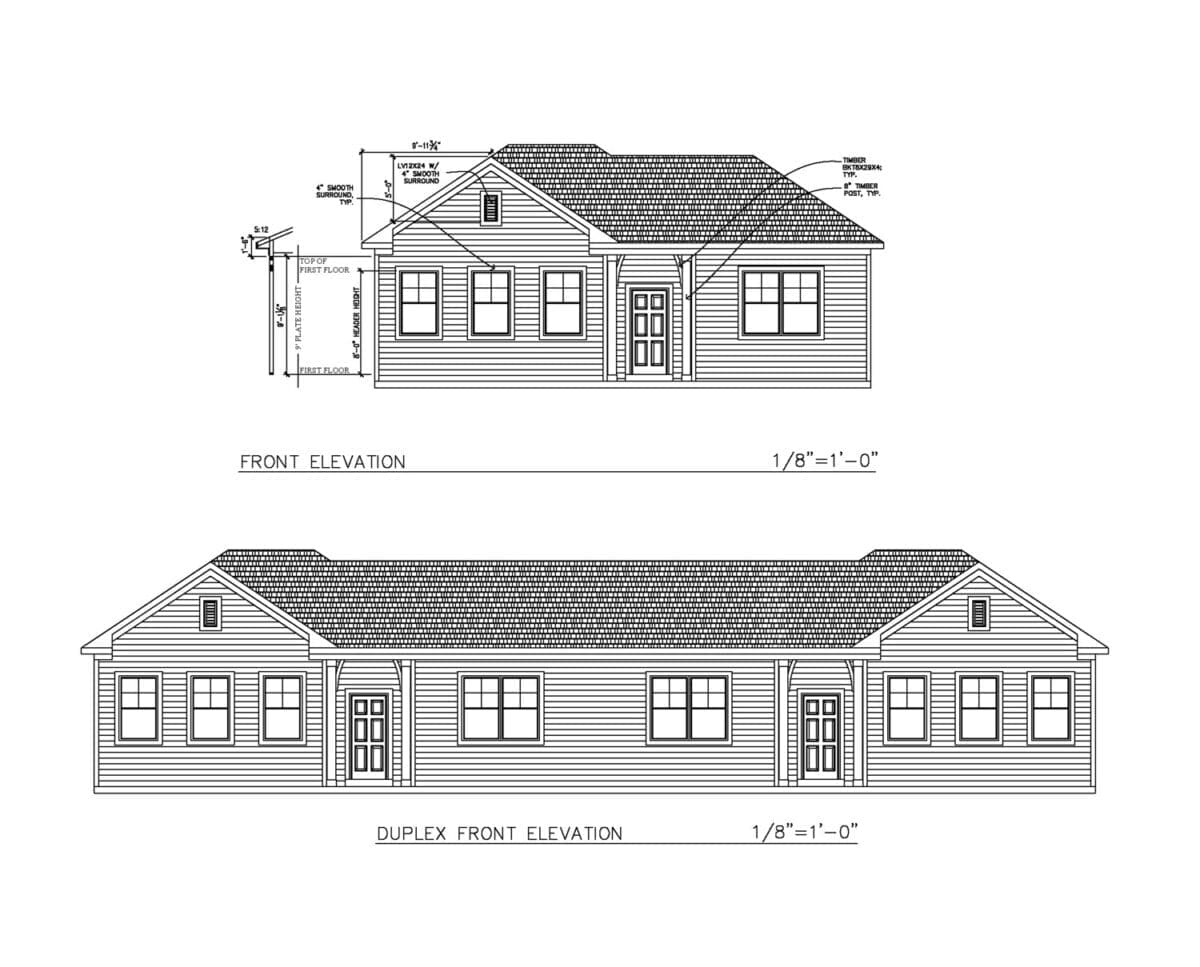 Duplex home architectural design showcasing front and side elevations, emphasizing modern layout and curb appeal for investment properties in Middle Tennessee.