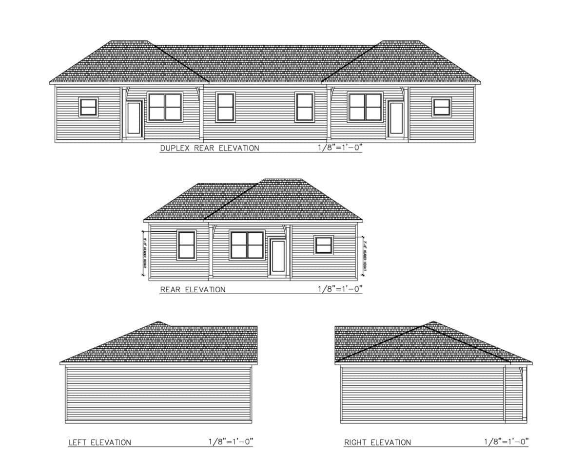 Duplex home architectural drawings showing rear, left, and right elevations, designed for investment properties by HDF Builders in Middle Tennessee.