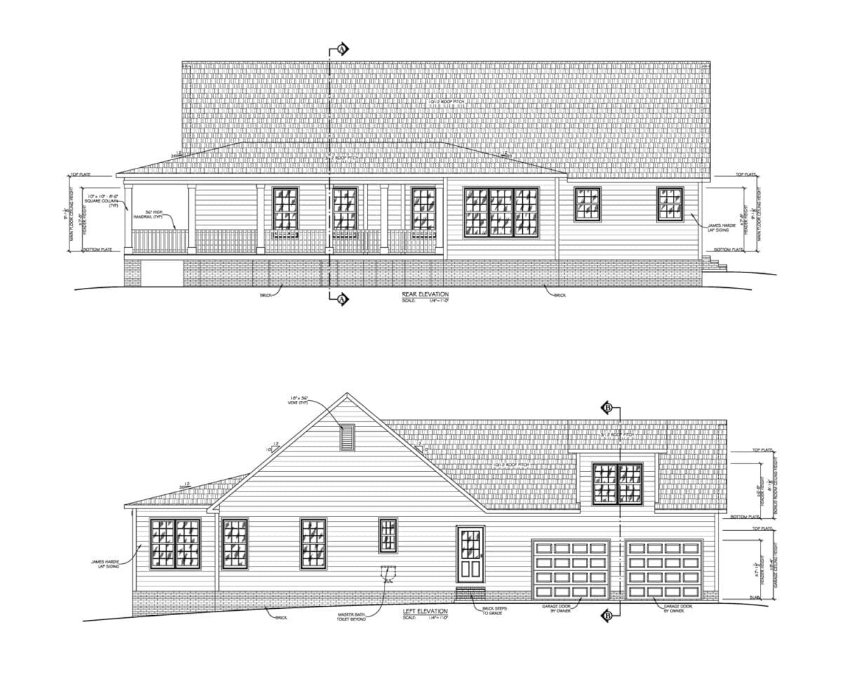 Custom home design elevations of the Miller Residence, showcasing a spacious Southern-style layout with detailed architectural features, ideal for family living in Middle Tennessee.