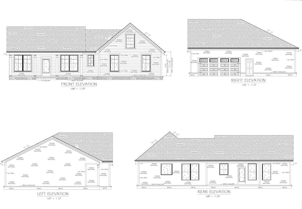 Architectural drawings of a custom home, featuring front, right, left, and rear elevations, highlighting design elements and materials for a modern residence by HDF Builders.